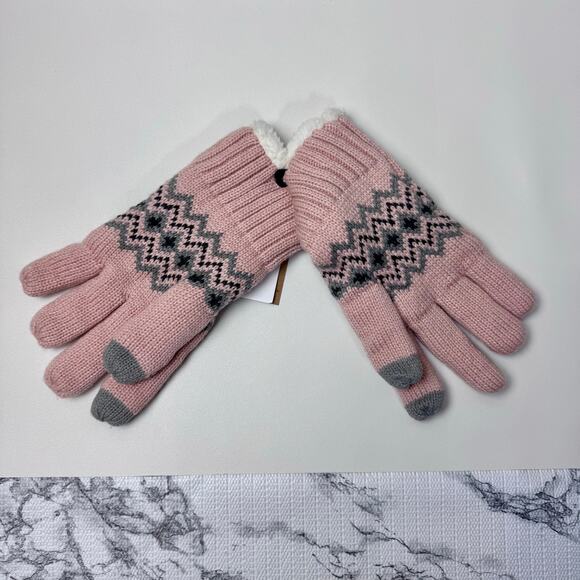 Timberland Women's Knit Fleece Lined Touchscreen Gloves Fair Isle Pink Gray - Picture 2 of 4